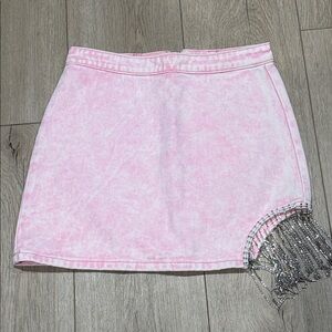 Cloud Ten Pink denim Mini Skirt with Silver Rhinestone Fringe, Sz S Juniors